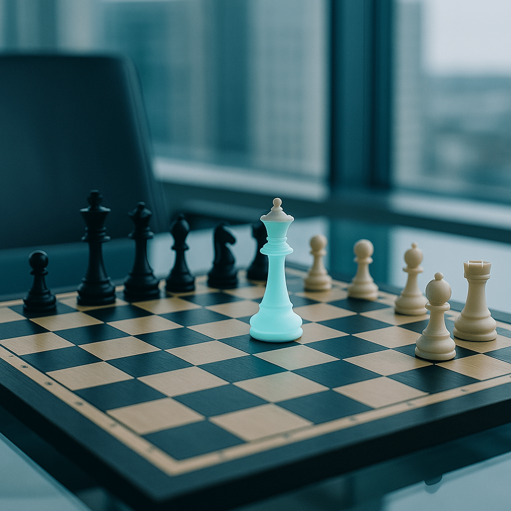 Chess board with queen piece in the middle