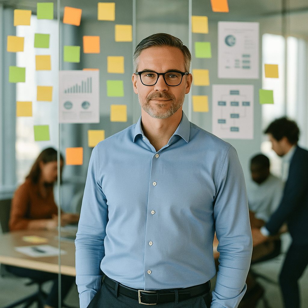 Man in light blue long sleeves standing