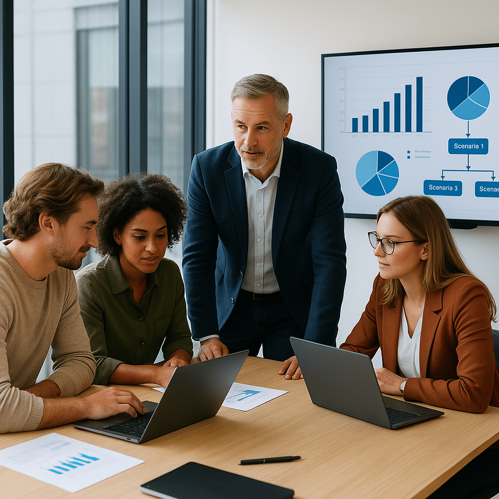 Man in suit leading the team discussion